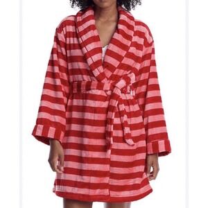 Kate Spade Plush Robe Holiday Stripe Belted Chenille Pink Red Medium